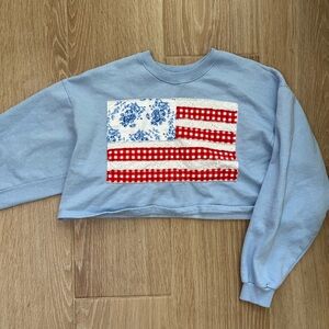 Cropped Blue Sweatshirt with Patchwork American Flag
